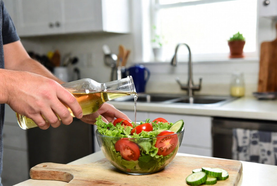 Hand pouring vinegar over fresh salad in a bright home kitchen scene.