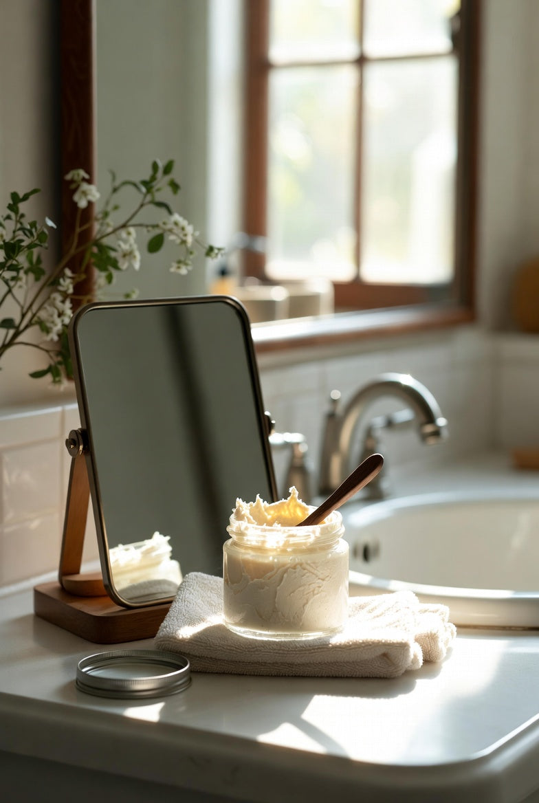 Whipped beef tallow in glass jar on towel beside mirror and sink top