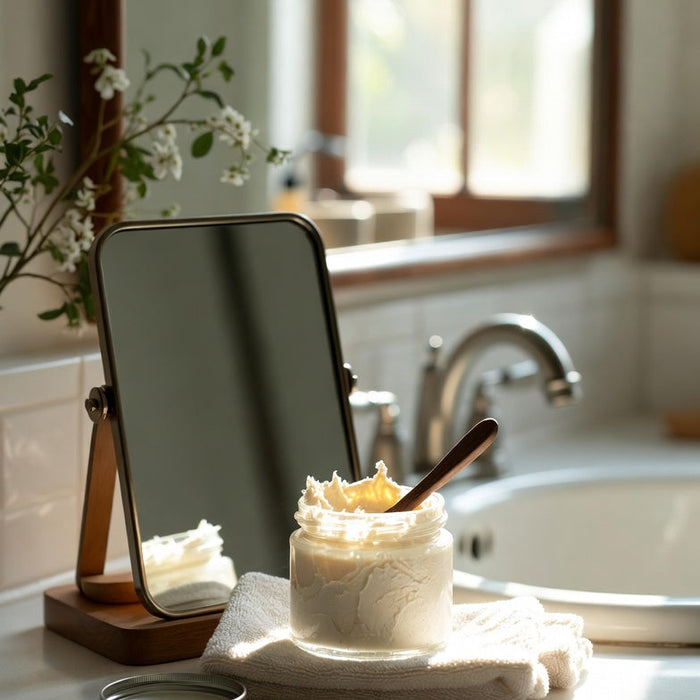 Whipped beef tallow in glass jar on towel beside mirror and sink top