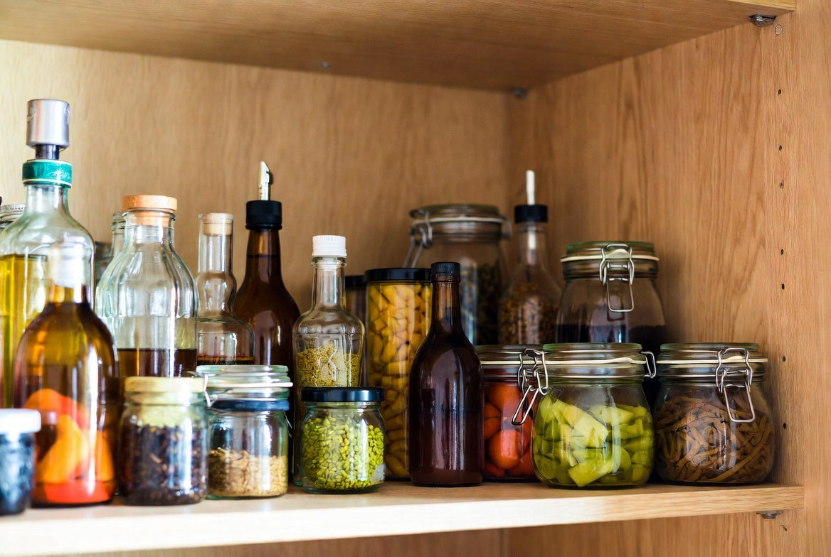 Pantry shelf with vinegar bottles, jars, and homemade preserved foods.