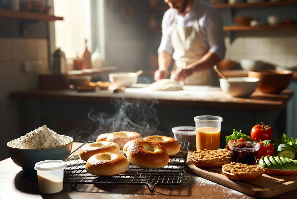 Freshly baked vegan bagels with dairy-free spreads and vegetables
