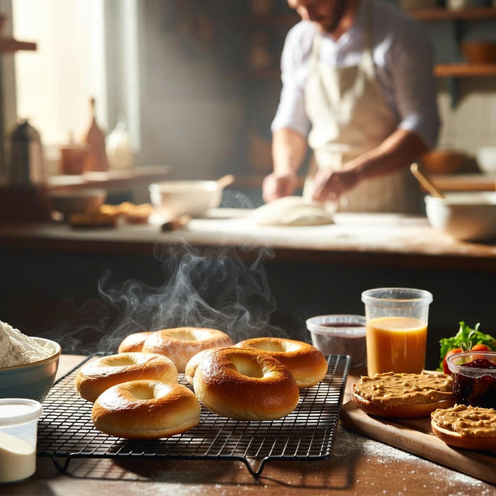 Freshly baked vegan bagels with dairy-free spreads and vegetables