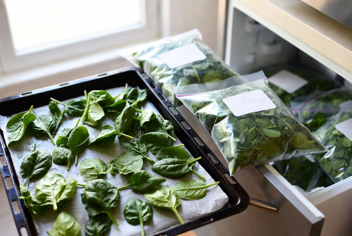 Fresh spinach leaves frozen on tray with freezer bags for storage