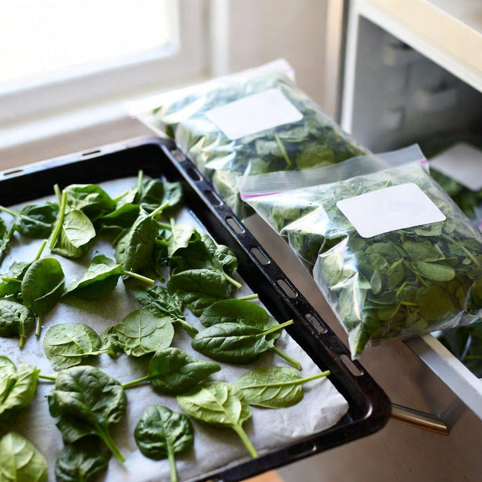 Fresh spinach leaves frozen on tray with freezer bags for storage
