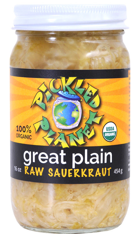Pickled Planet Great Plain Raw Sauerkraut 16-oz jar front label.