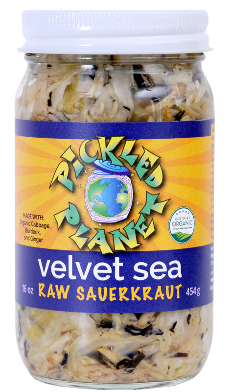 Pickled Planet Velvet Sea Raw Sauerkraut 16-oz jar front label pickled burdock.