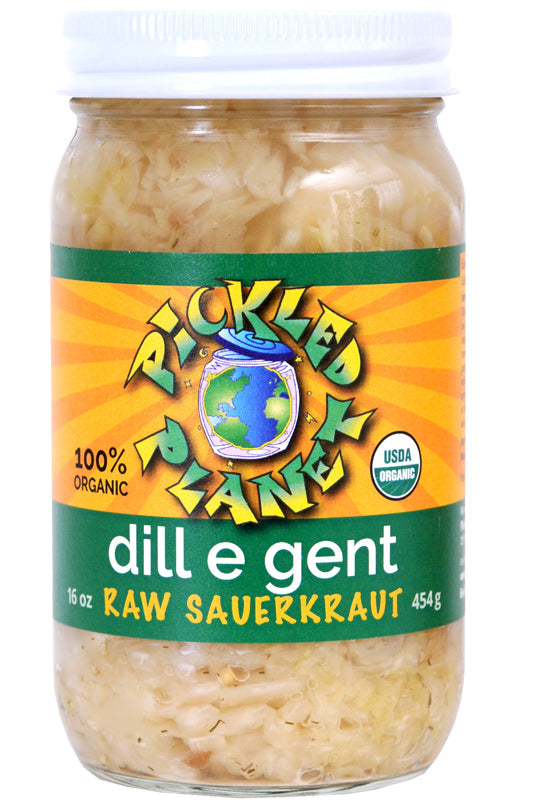 Pickled Planet Dill E Gent Raw Sauerkraut 16-oz jar front label.