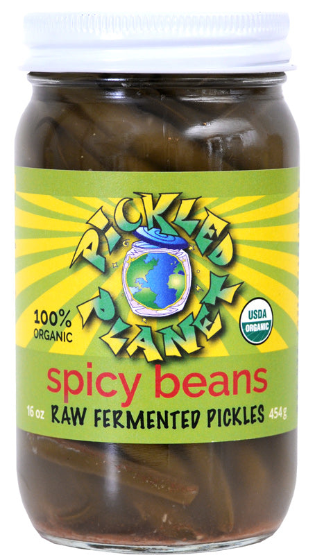 Pickled Planet Spicy Beans Organic Green Beans 16-oz jar front label spicy green beans.