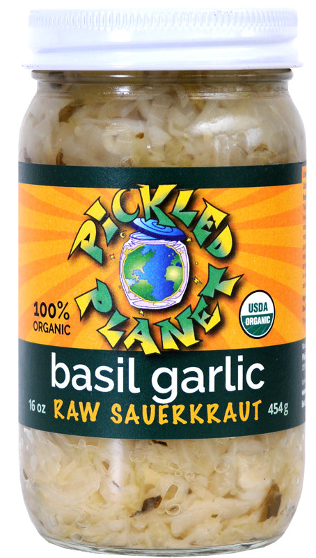 Pickled Planet Basil Garlic Raw Sauerkraut 16-oz jar front label.