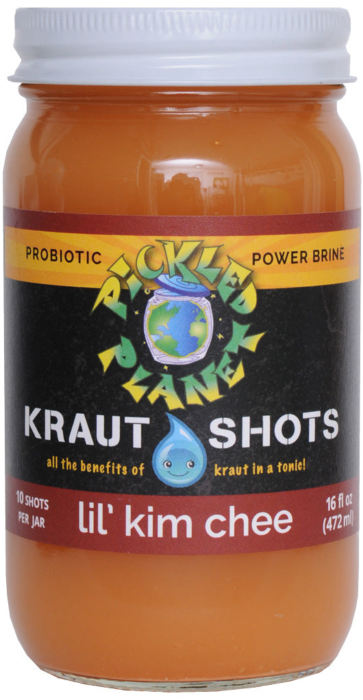 Pickled Planet Lil' Kim Chee Kraut Shots 16-oz bottle front label gut health drink.