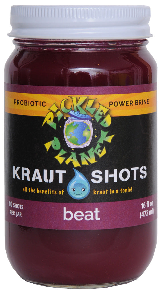 Pickled Planet Beat Kraut Shots Raw 16-oz beet sauerkraut front label.