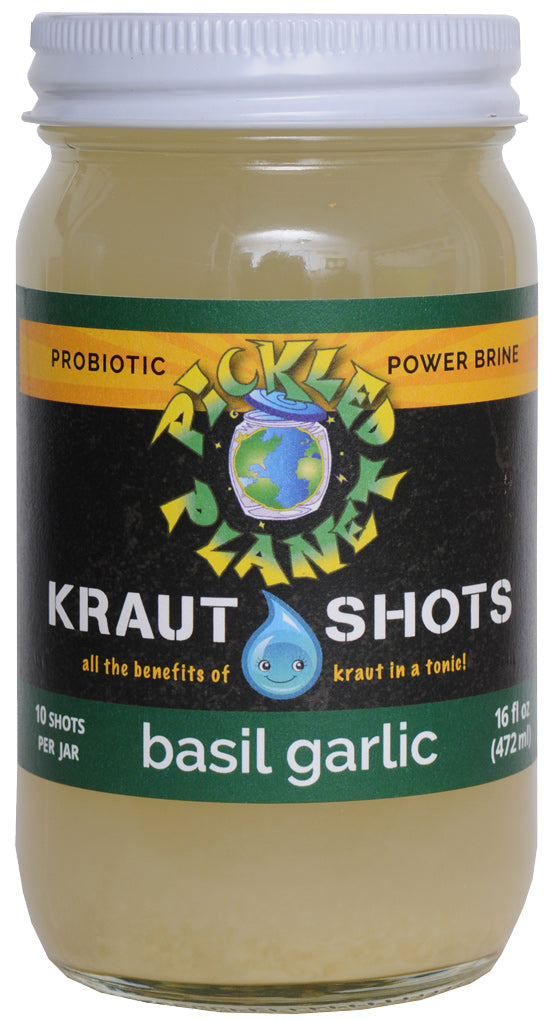 Pickled Planet Basil Garlic Kraut Shots 16-oz raw sauerkraut front label.
