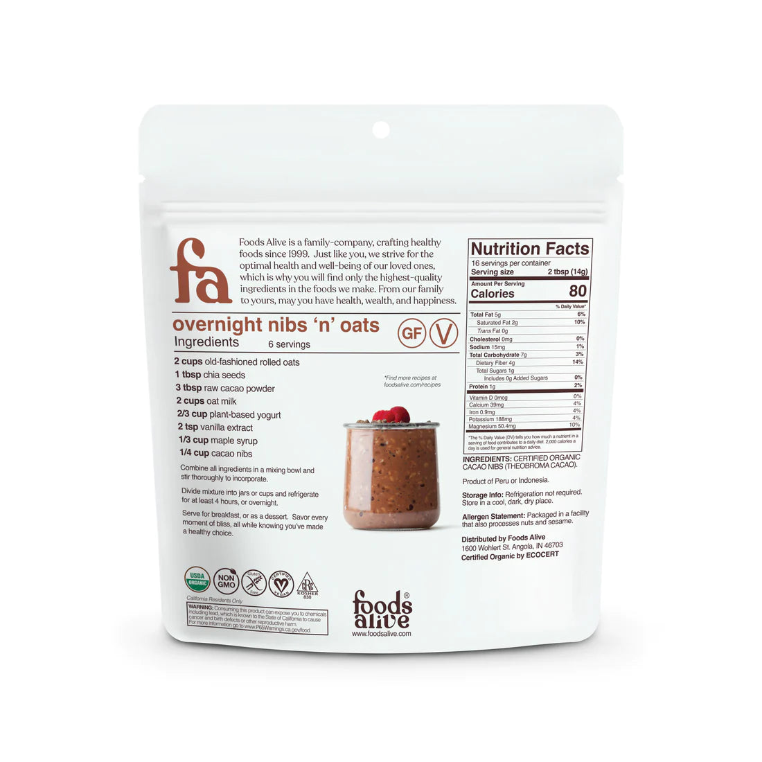 Foods Alive Cacao Nibs Superfoods ingredient list and nutrition facts panel.