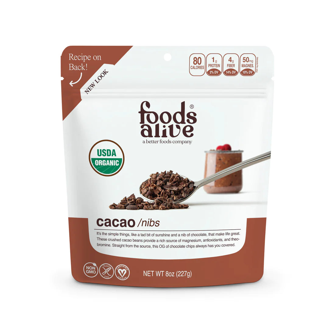 Foods Alive Cacao Nibs Superfoods 8-oz pouch organic cacao nibs front.