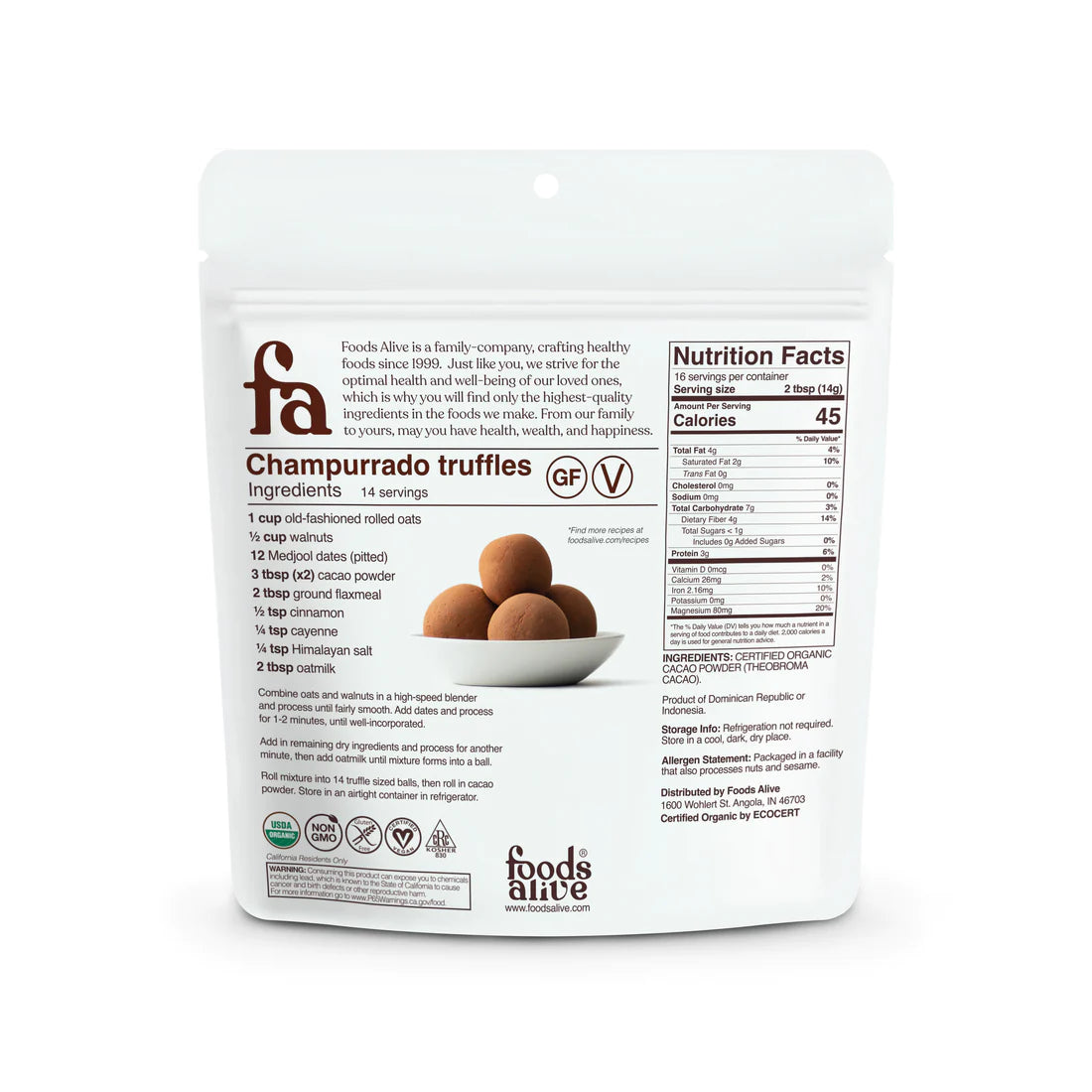 Foods Alive Cacao Powder nutrition facts and usage directions panel.