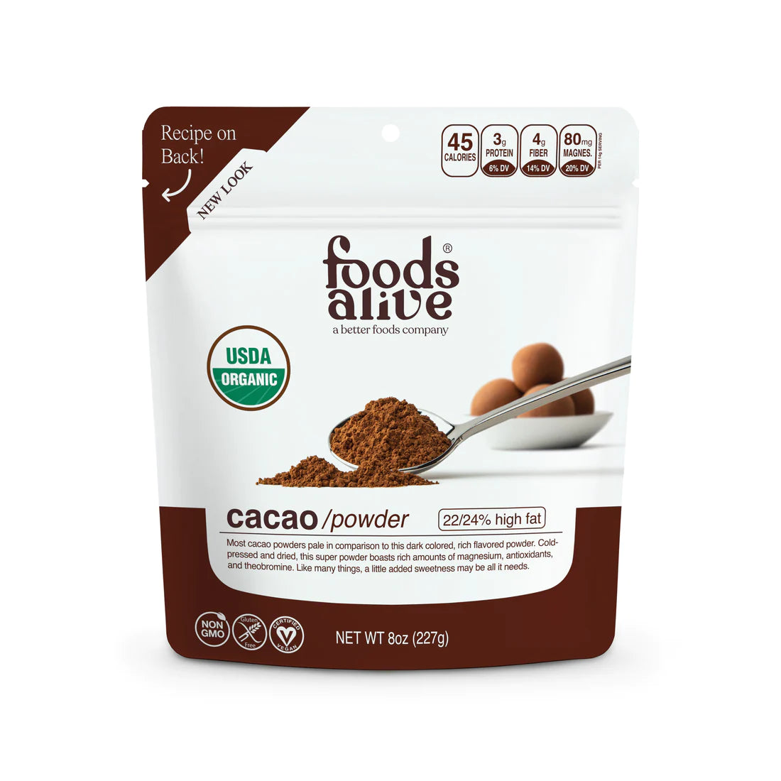 Foods Alive Cacao Powder 8-oz bag organic cacao powder front label.