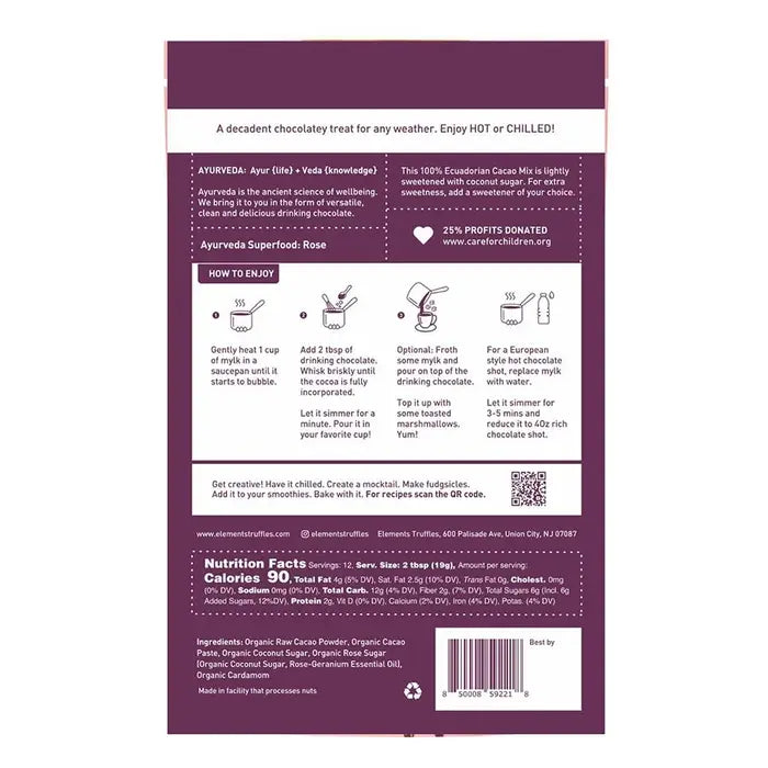 Elements Truffles Rose Cocoa drinking chocolate nutrition facts and serving directions.