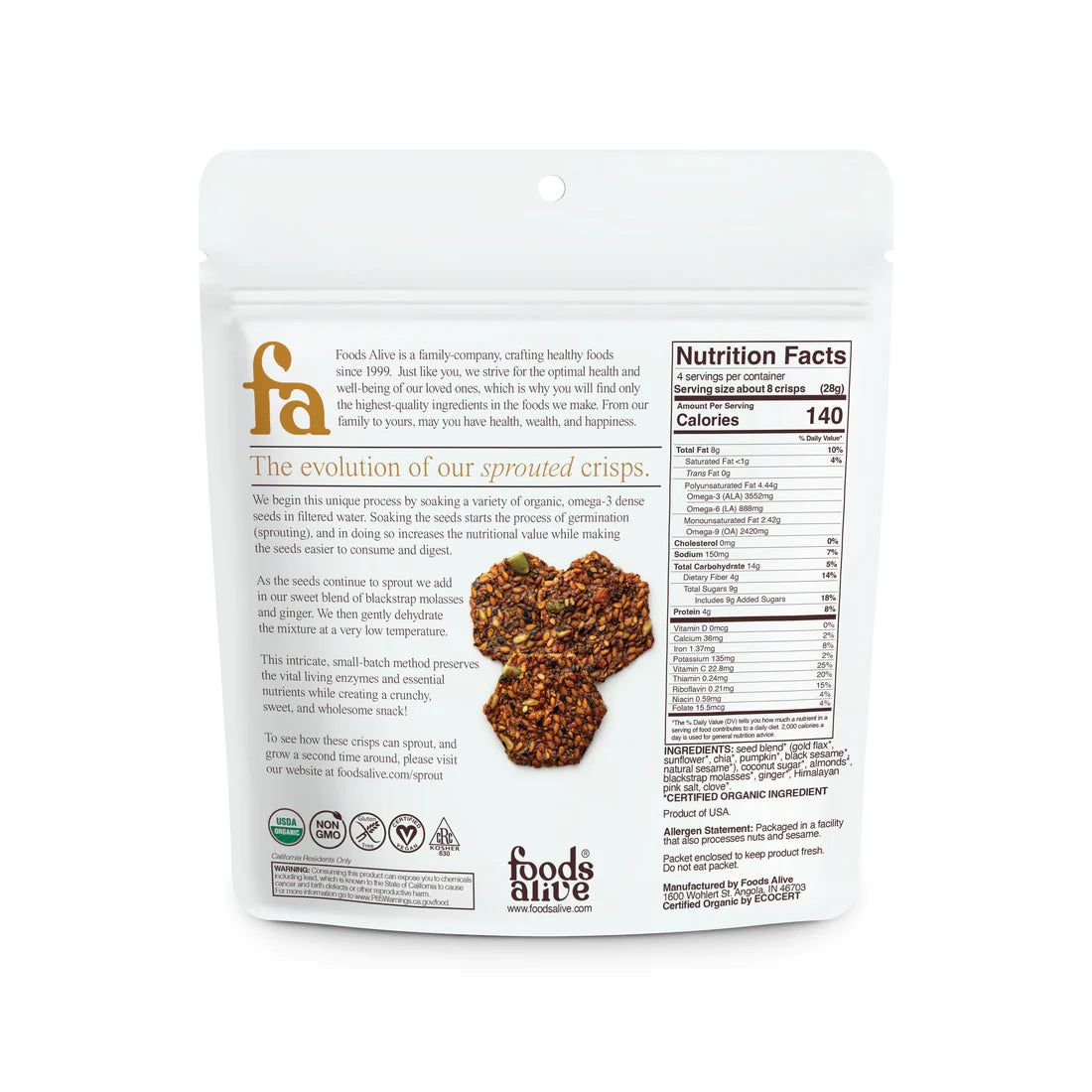 Foods Alive Ginger Snap Sprouted Crisps nutrition facts panel.