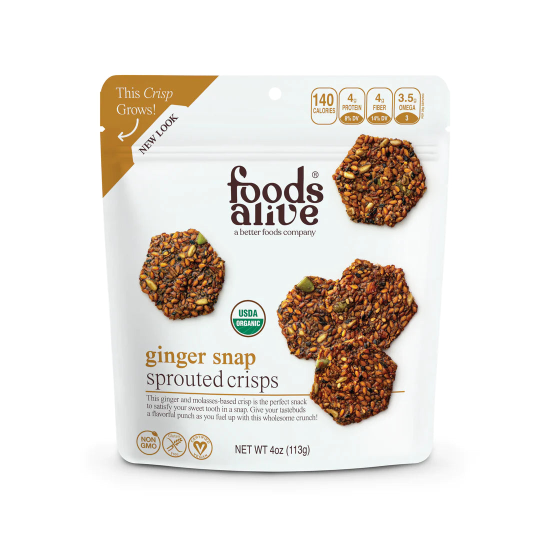 Foods Alive Ginger Snap Sprouted Crisps 4-oz bag flax seed crackers front.
