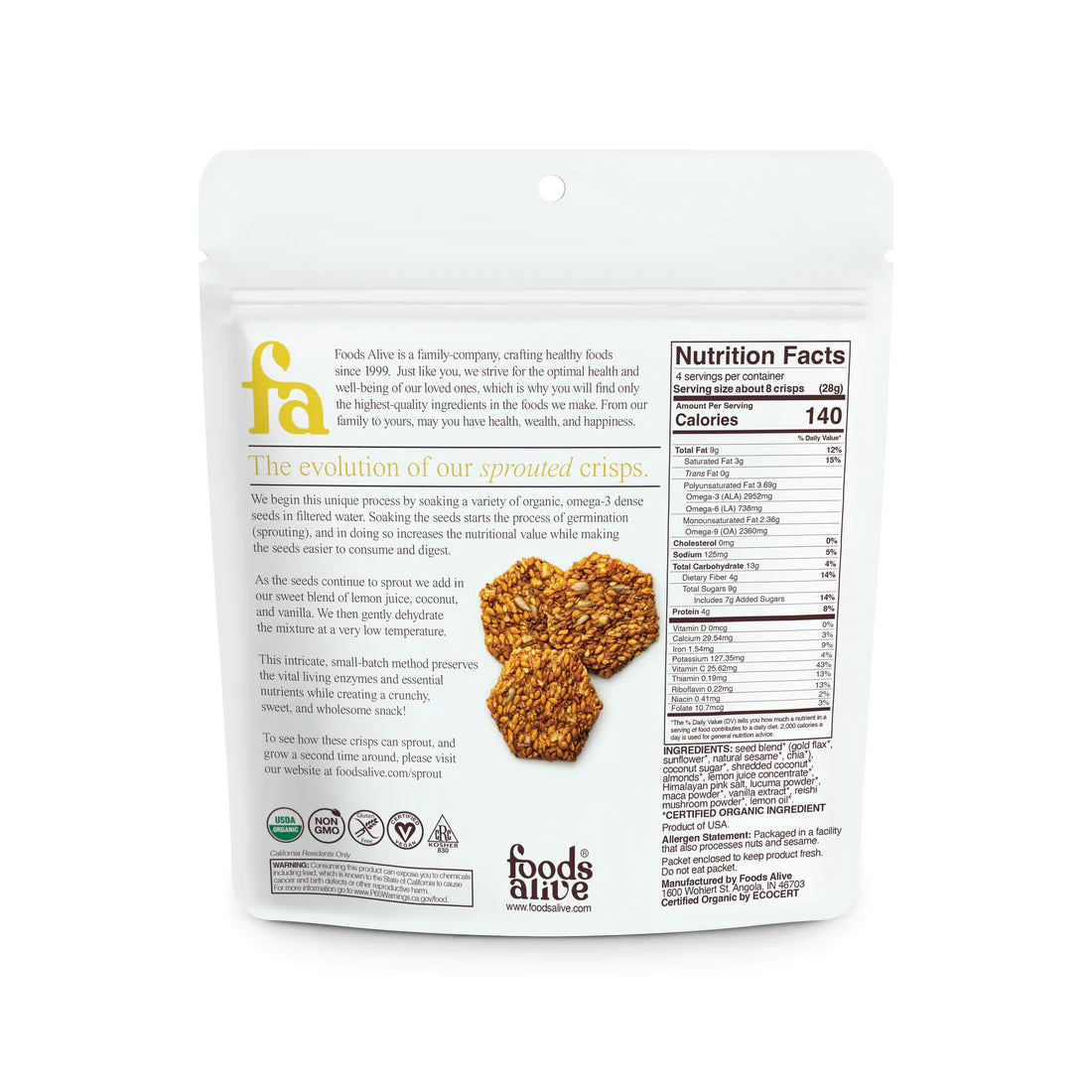 Foods Alive Lemony Lemon Sprouted Crisps nutrition facts panel.