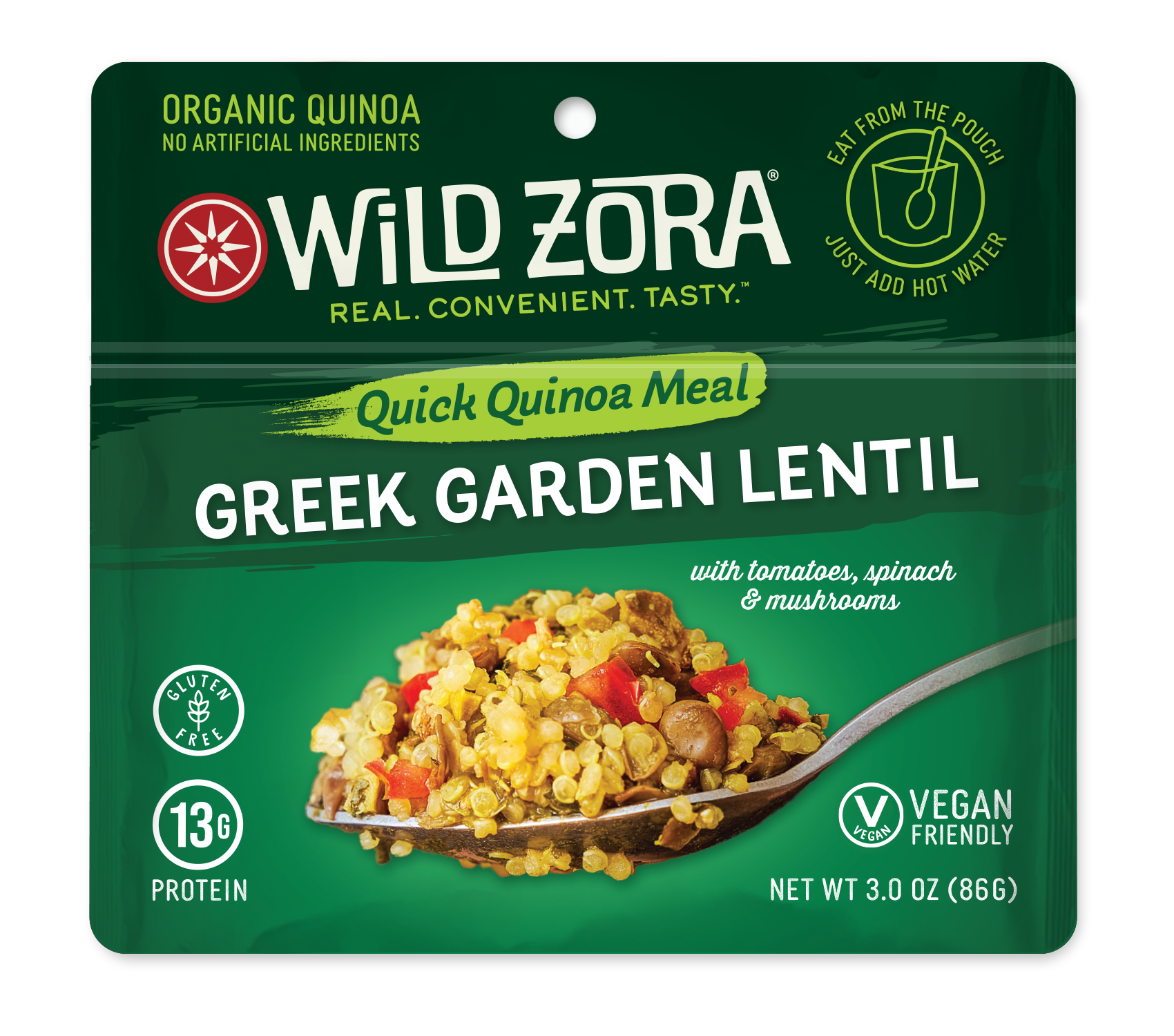 Wild Zora Greek Garden Lentil Quinoa Meal 3 oz pouch front gluten free quinoa bowl.
