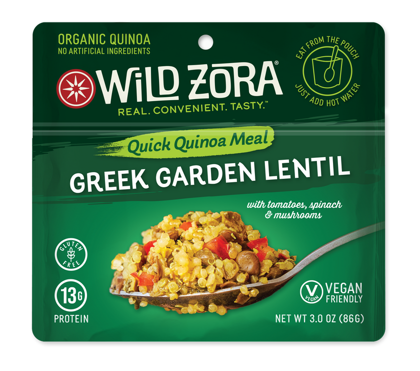Wild Zora Greek Garden Lentil Quinoa Meal 3 oz pouch front gluten free quinoa bowl.