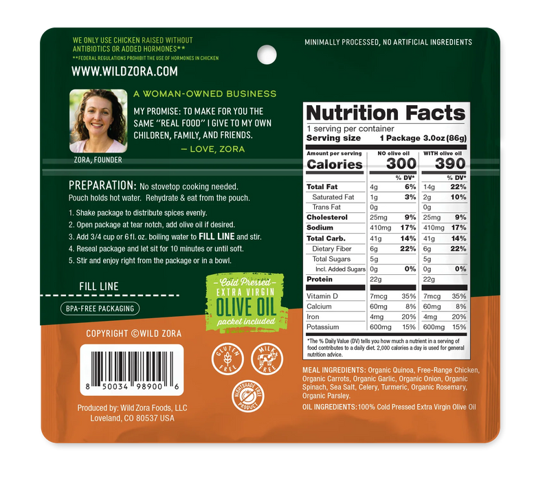 Wild Zora Quick Quinoa Meal - Herb Roasted Chicken with Spinach, Carrots & Herbs, 3 oz