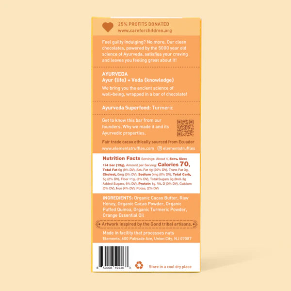 Elements Truffles Orange Crunch chocolate bar nutrition facts and ingredient list panel.