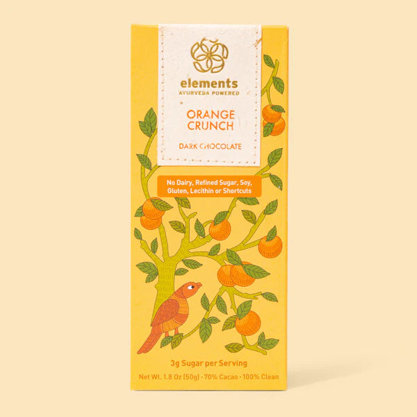 Elements Ayurveda Powered Orange Quinoa bar, a heavenly combination of decadence, and crunch. Indulge in the rich, complex flavors of this Orange Crunch bar with 70% dark chocolate, perfectly balanced with a hint of citrus and the delightful crunch of puffed quinoa.