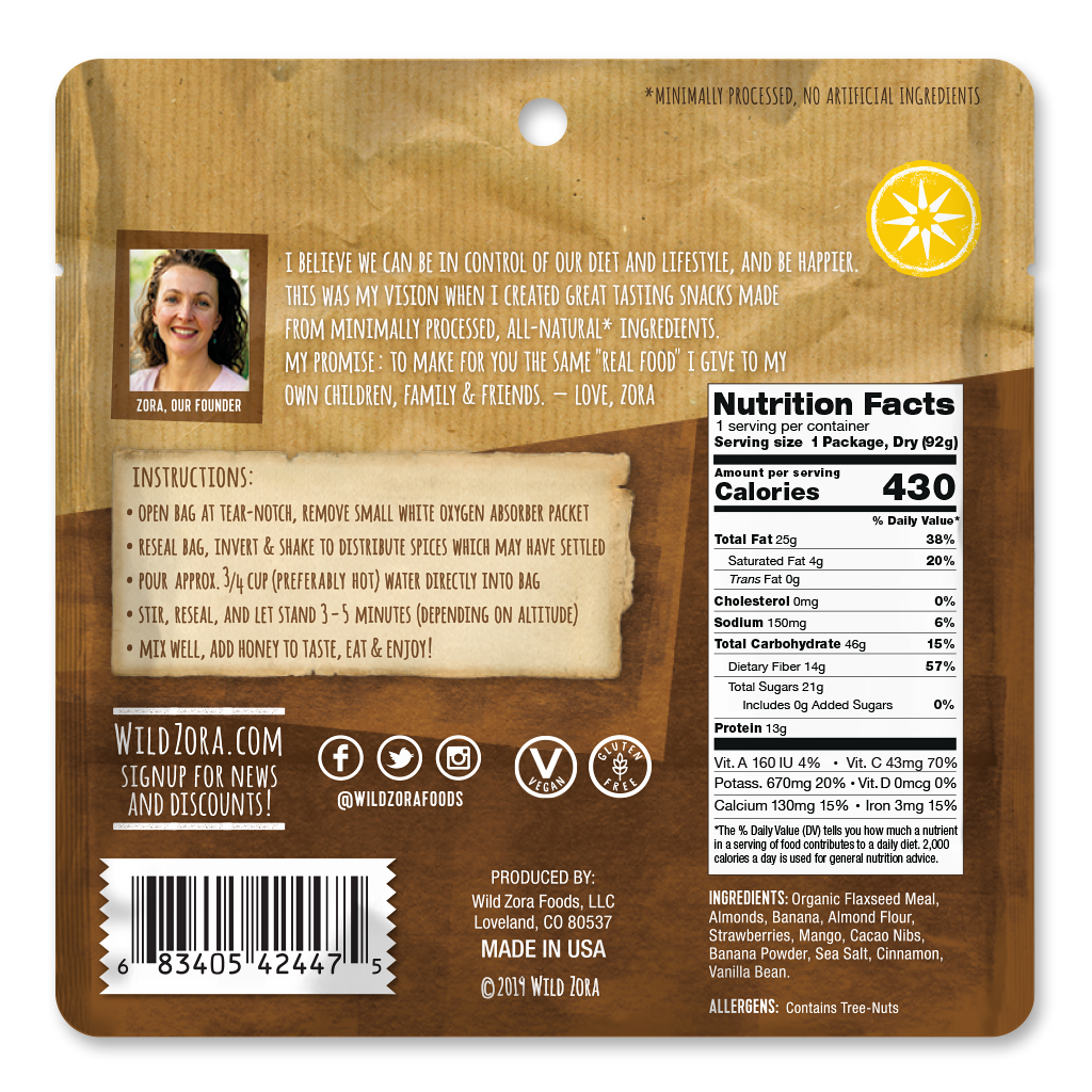 Wild Zora Butte Cacao Banana nutrition facts and rehydration instructions.