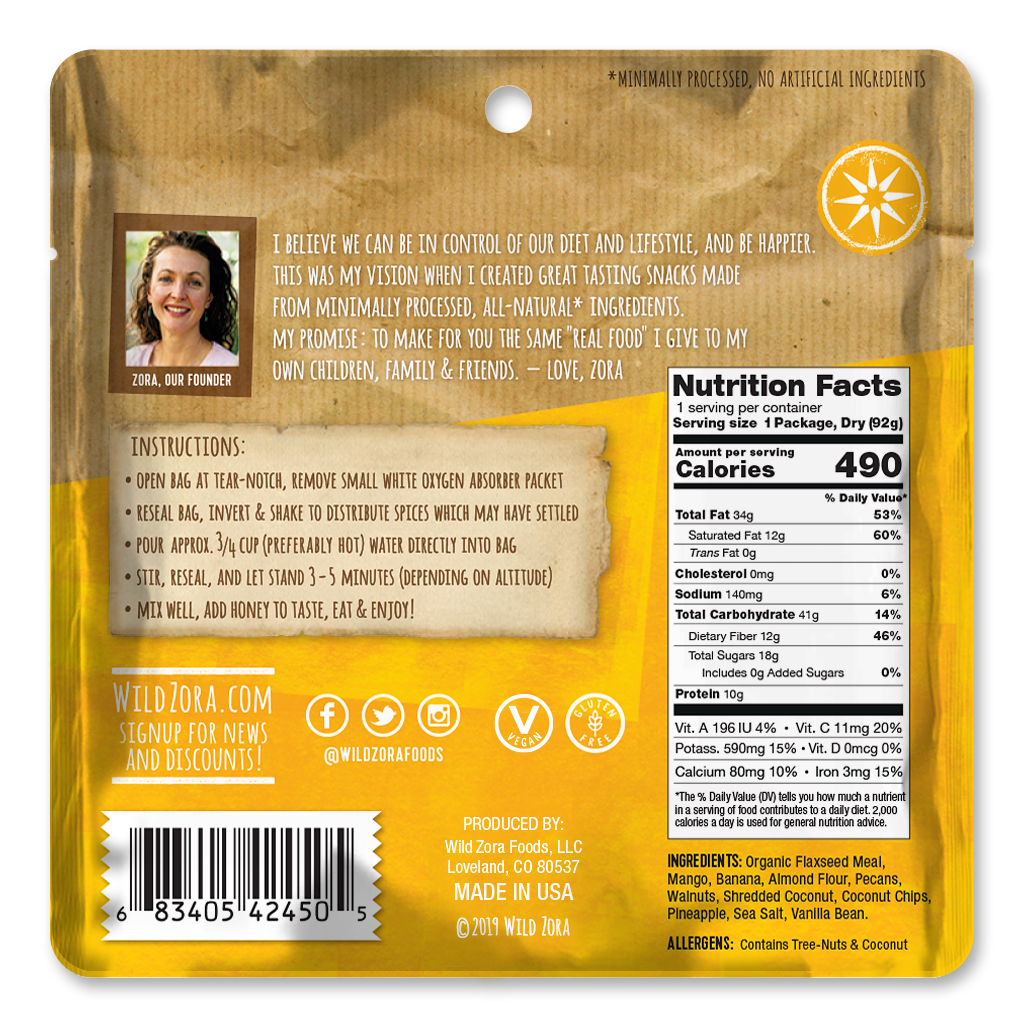 Wild Zora Pineapple Mango meal nutrition facts panel and rehydration directions.