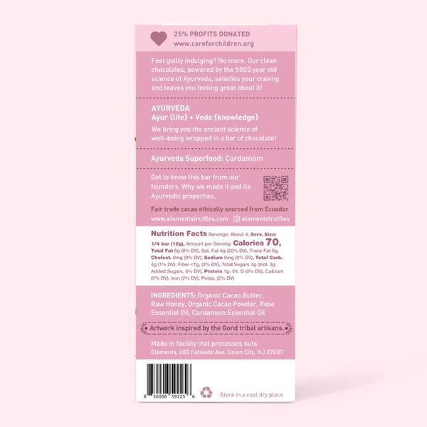 Elements Truffles Rose Cardamom chocolate bar nutrition facts and ingredient list.