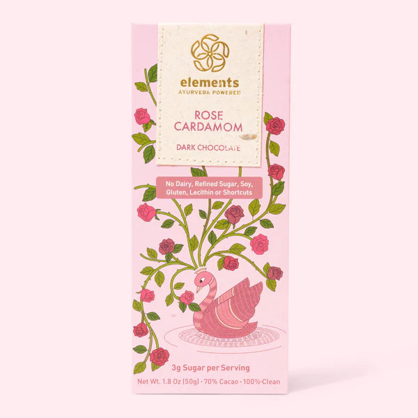 Elements Truffles Rose Cardamom artisanal chocolate bar 2-oz floral dark chocolate.