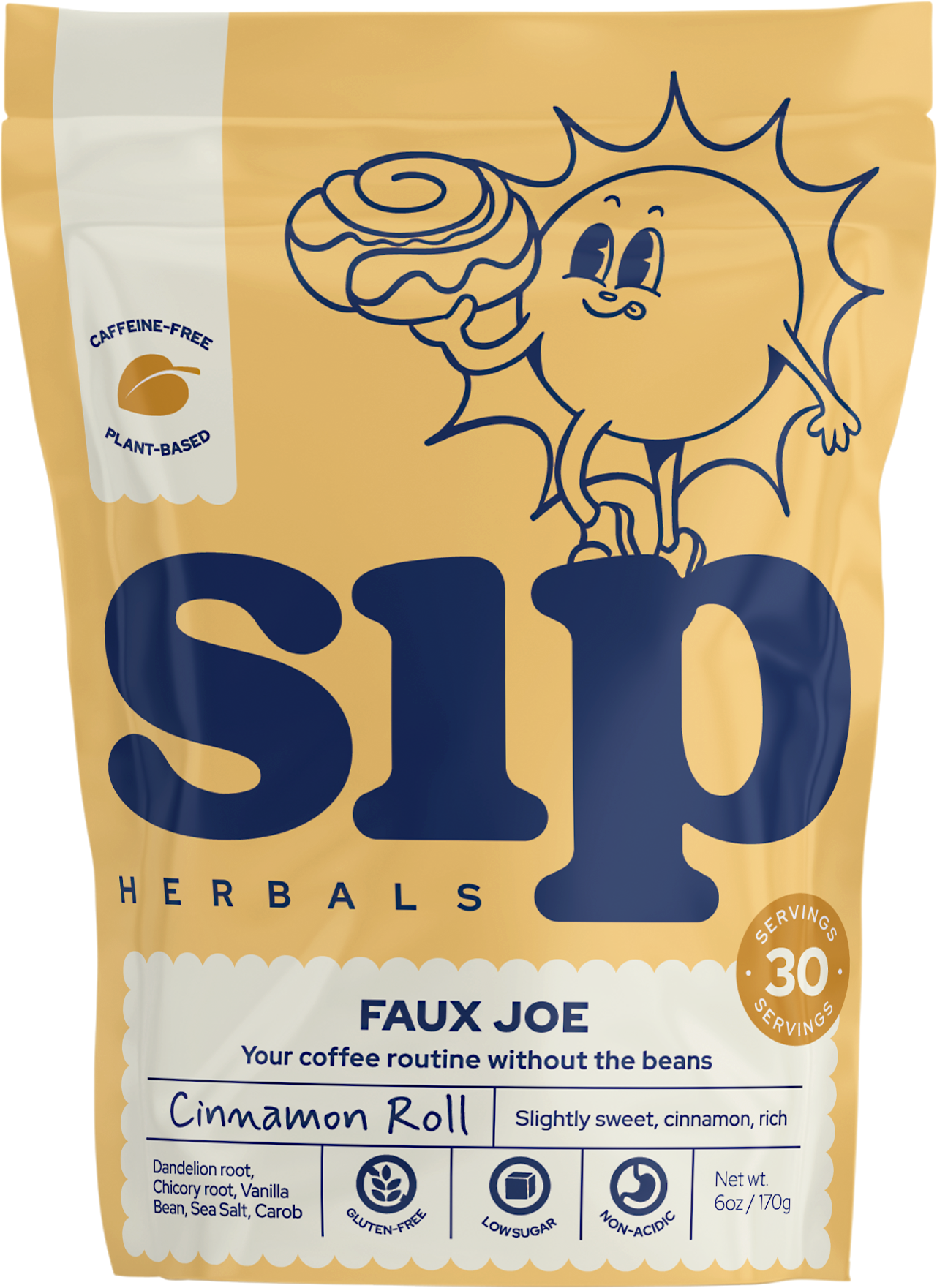 Sip Herbals Cinnamon Roll Coffee Substitute 6 oz pouch front label organic cinnamon brew.