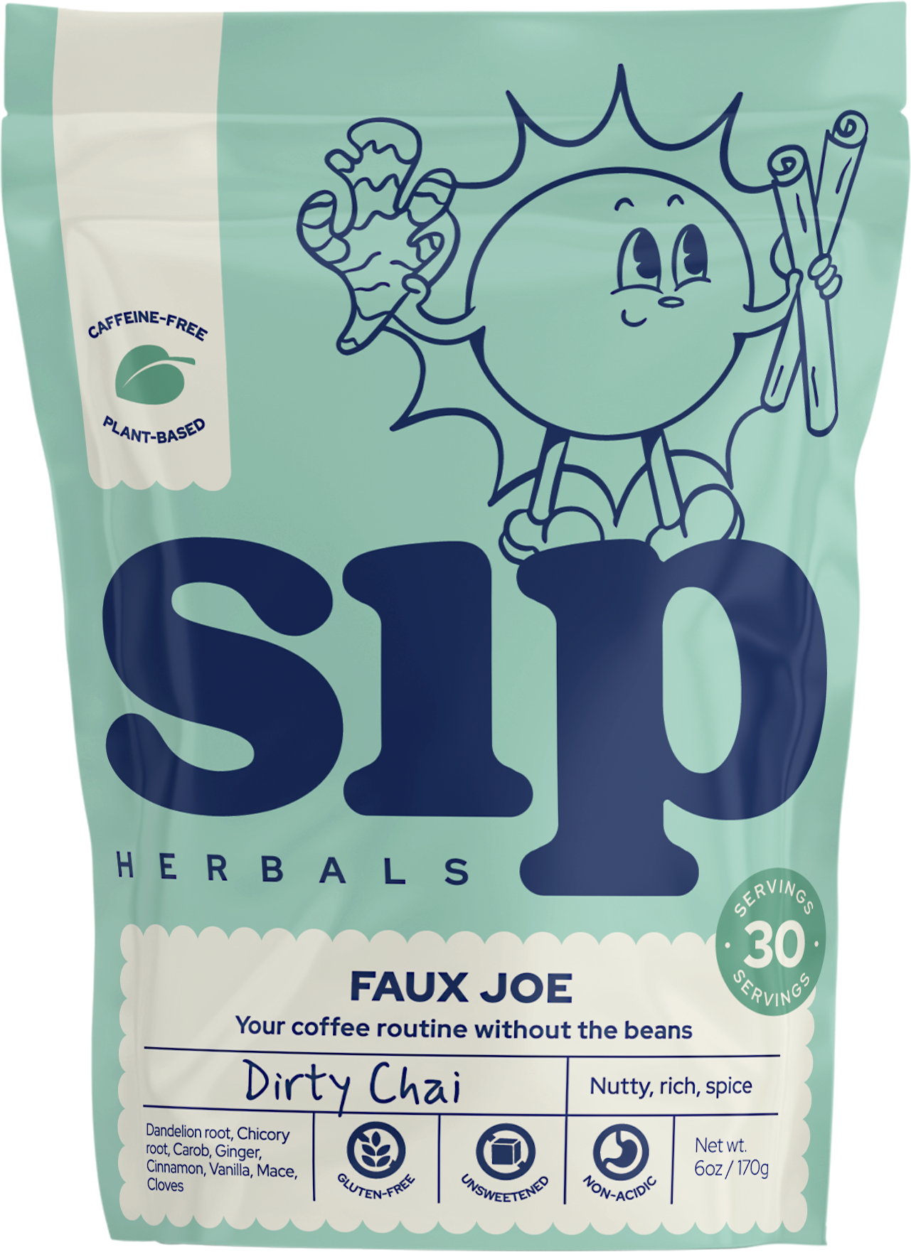 Sip Herbals Dirty Chai Coffee Substitute 6 oz pouch front label non-caffeinated drink mix.