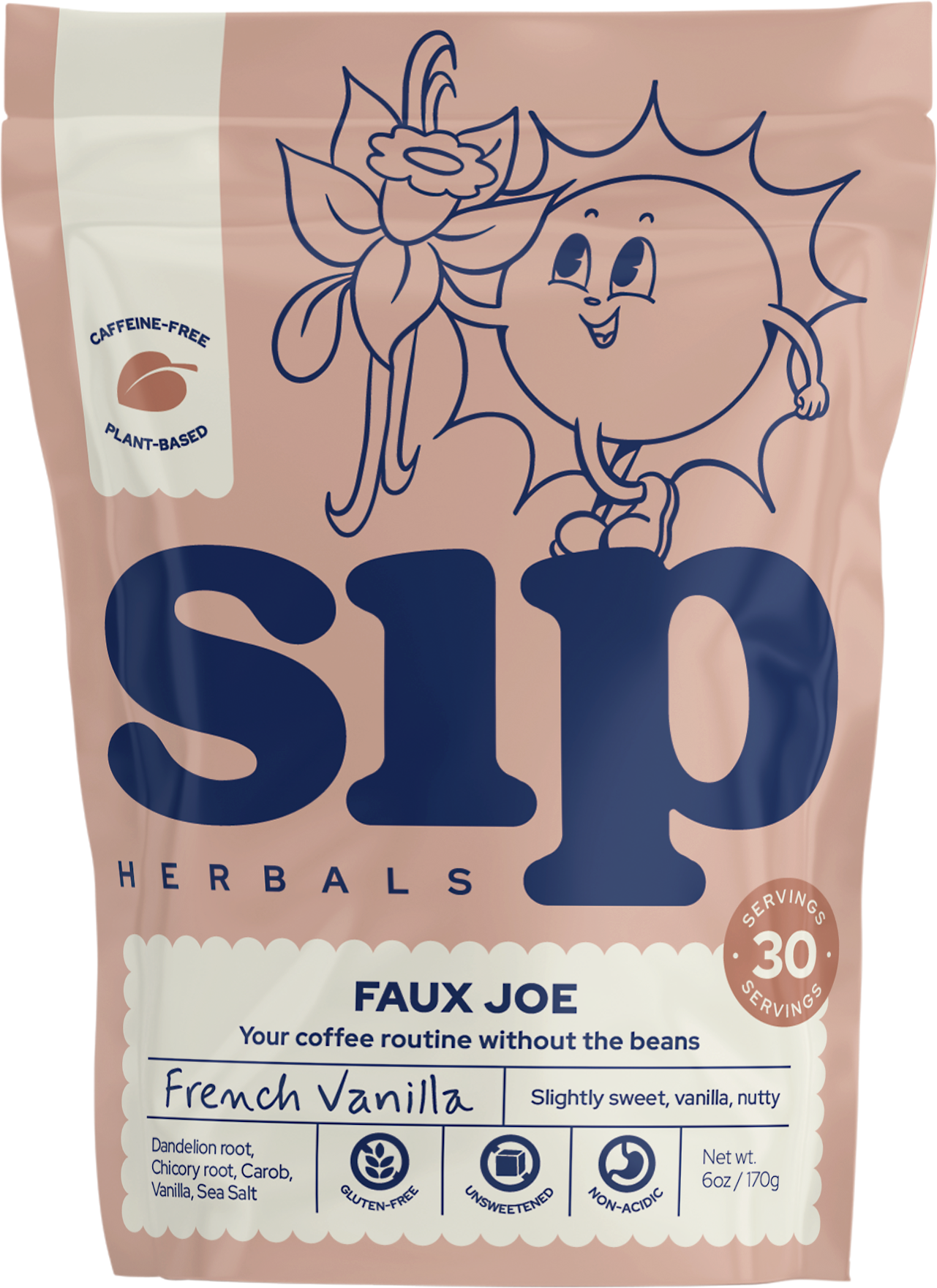 Sip Herbals French Vanilla Coffee Substitute 8 oz pouch front label french vanilla coffee flavor.
