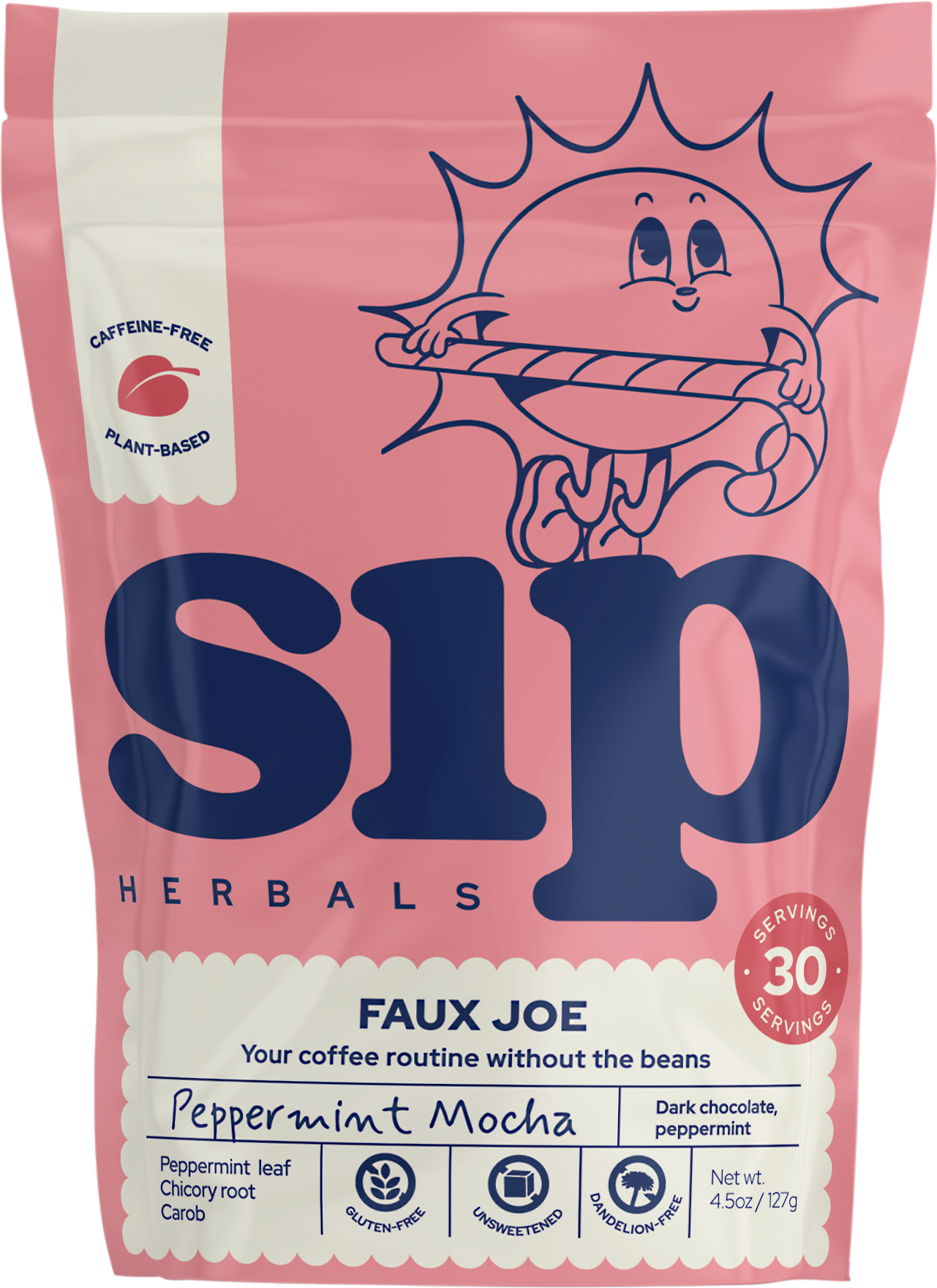 Sip Herbals Peppermint Mocha Coffee Substitute 4.5 oz pouch front label peppermint mocha coffee.