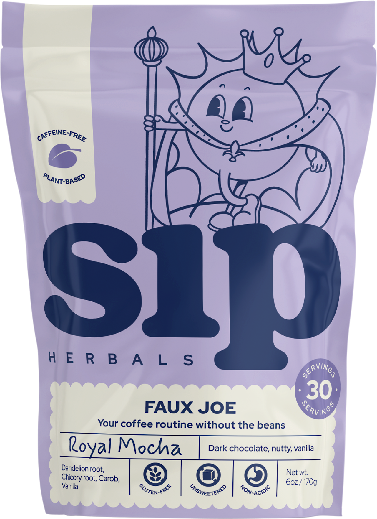 Sip Herbals Royal Mocha Coffee Substitute 6 oz pouch front label mocha coffee flavor.