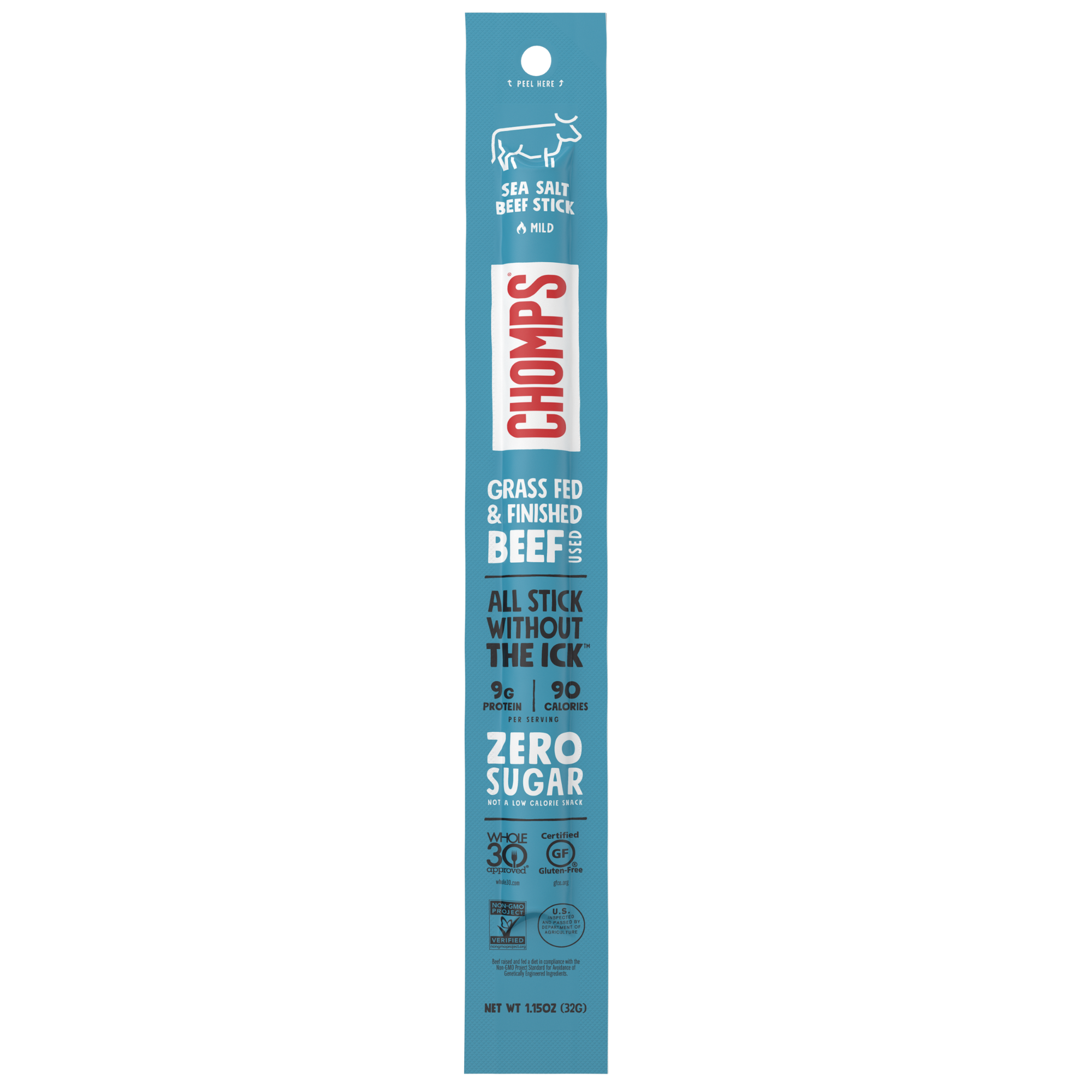 Chomps Sea Salt beef stick 1.15-oz grass fed beef snack wrapper.