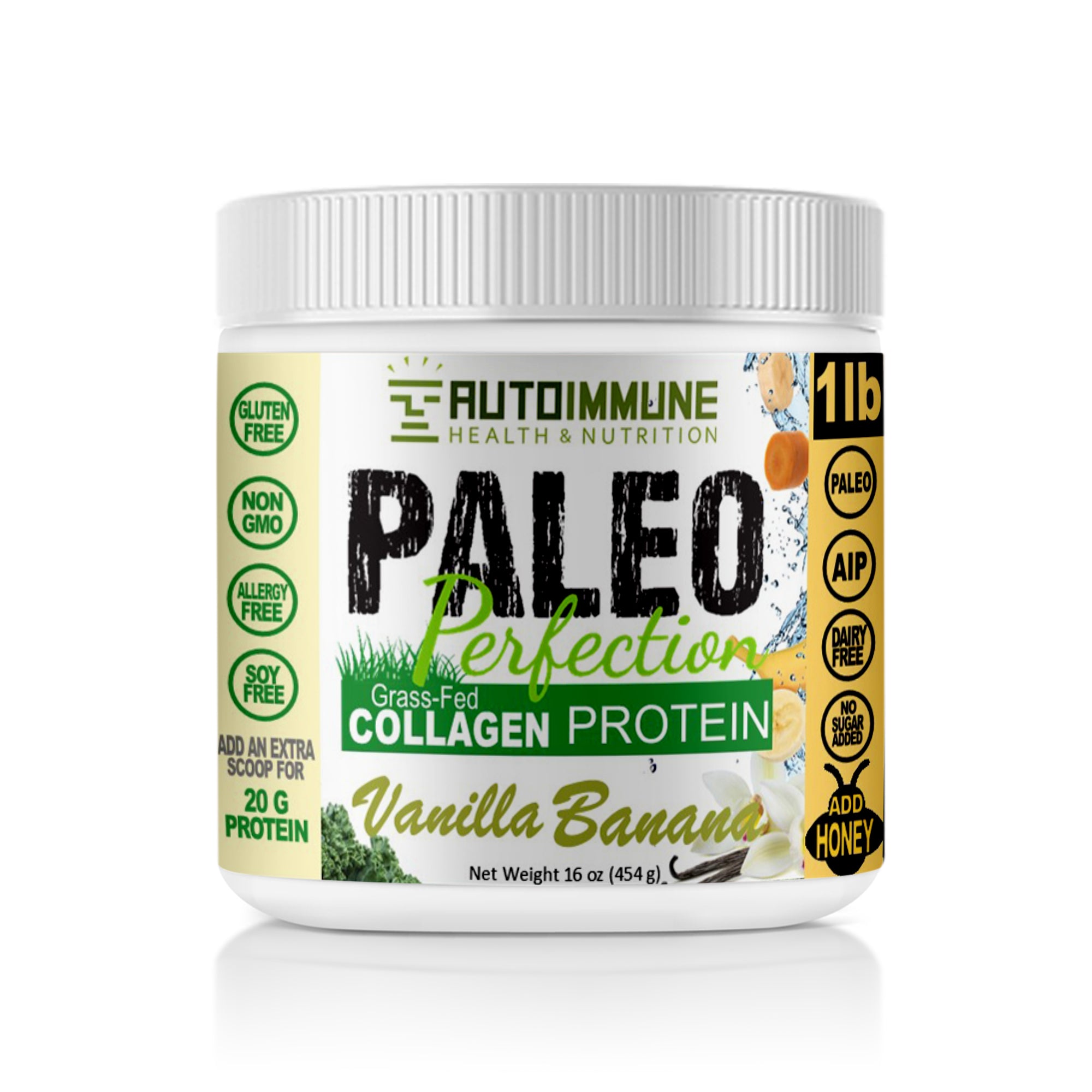 AutoImmune Vanilla Banana organic protein powder 16-oz front label.