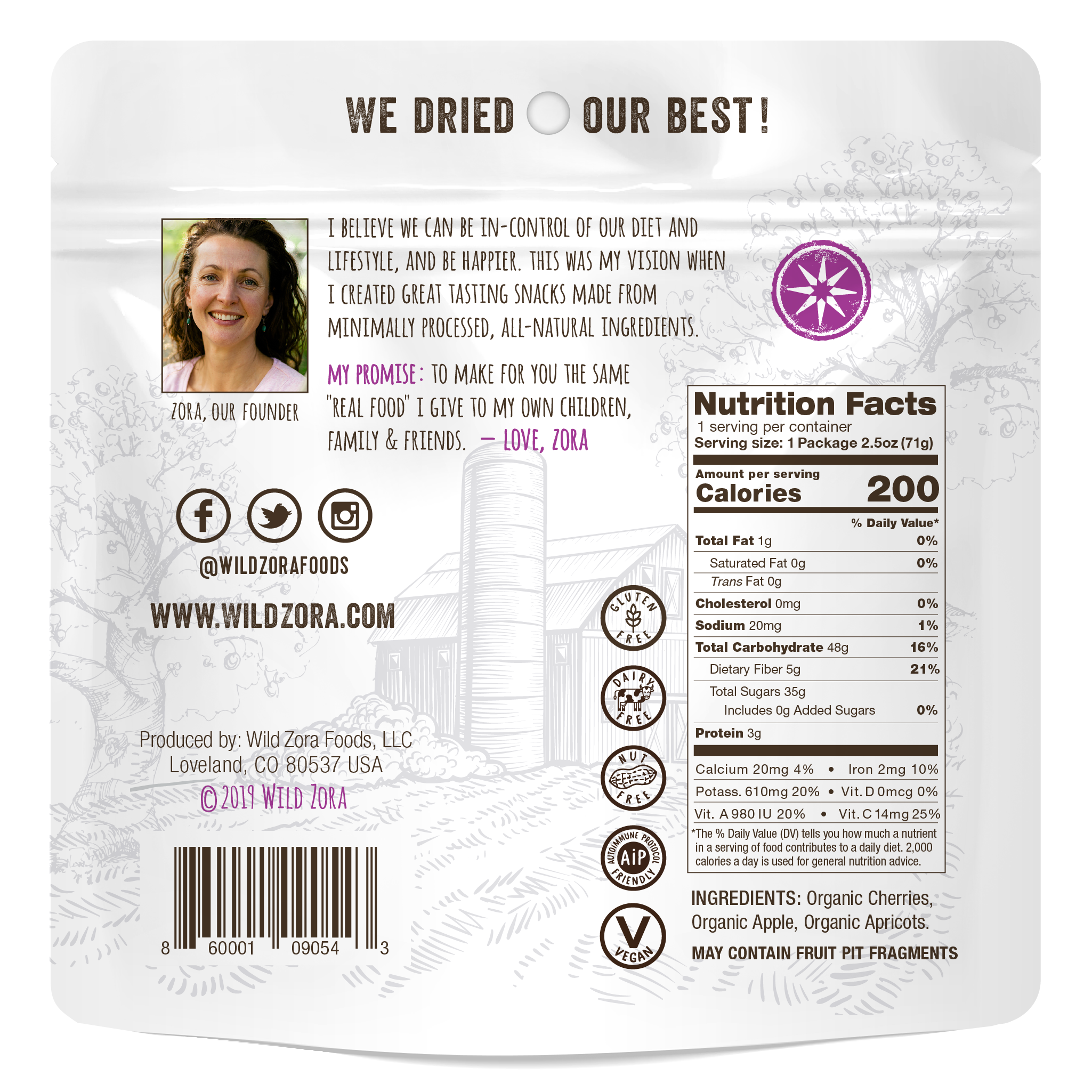 Wild Zora // Air-Dried Organic Orchard Fruit Mix with Cherries, Apples & Apricots 2.5 oz