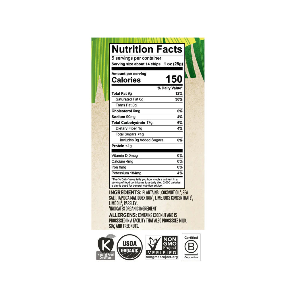 Barnana Acapulco Lime plantain chips nutrition facts panel.
