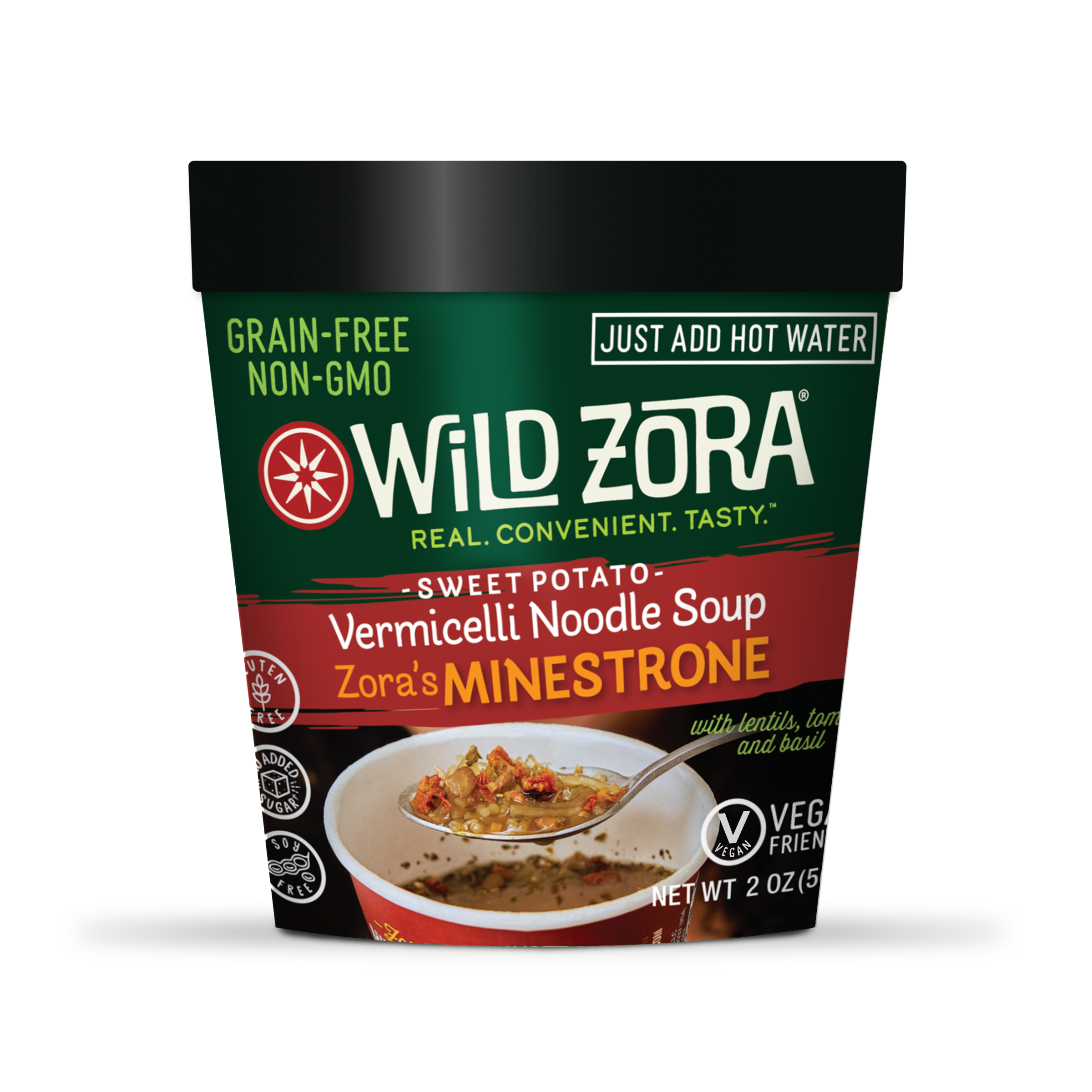 Wild Zora Vermicelli Vegan Minestrone Soup 2 oz pouch front label vegan minestrone soup.