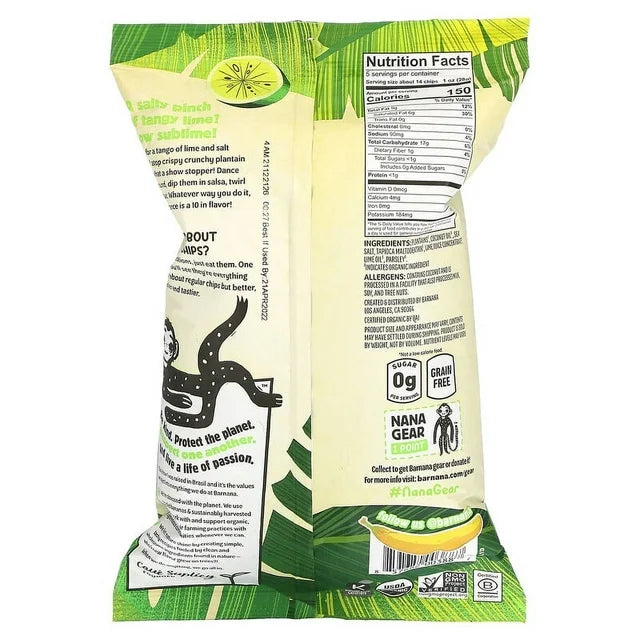 Barnana Acapulco Lime plantain chips nutrition facts panel.