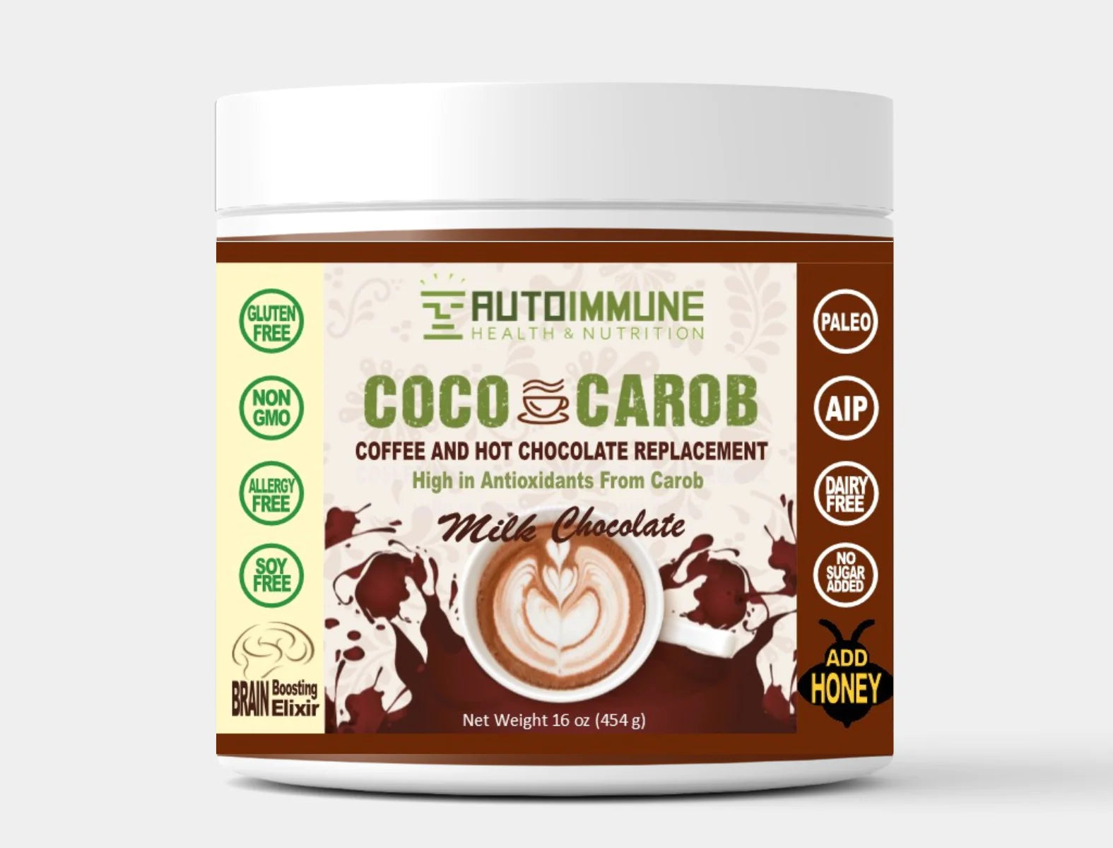 Autoimmune H&N Hot Coco Carob 16-oz sugar free hot chocolate mix jar.