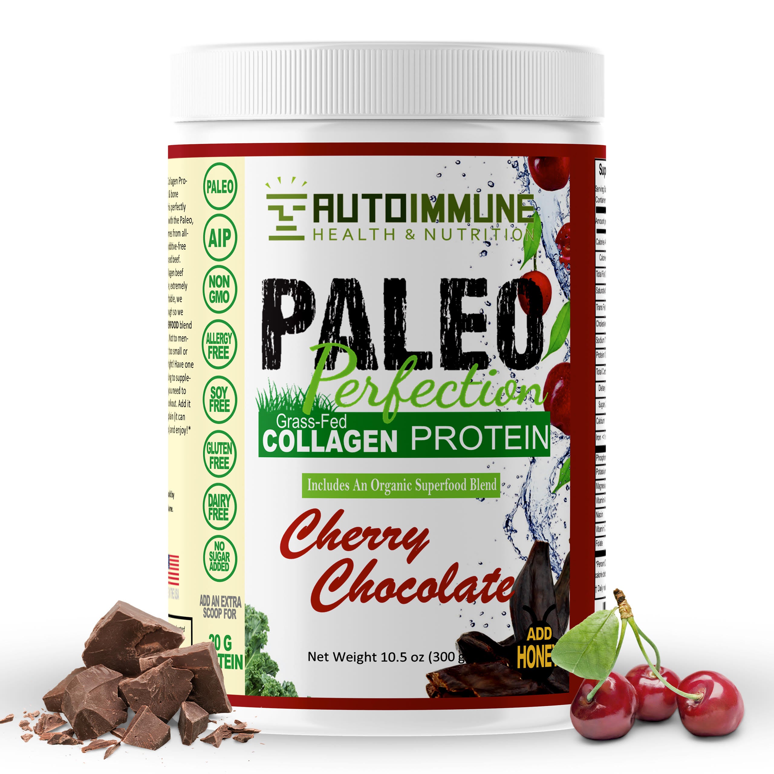 Autoimmune H&N // Paleo Perfection Cherry Chocolate Protein Powder 16 oz front label.