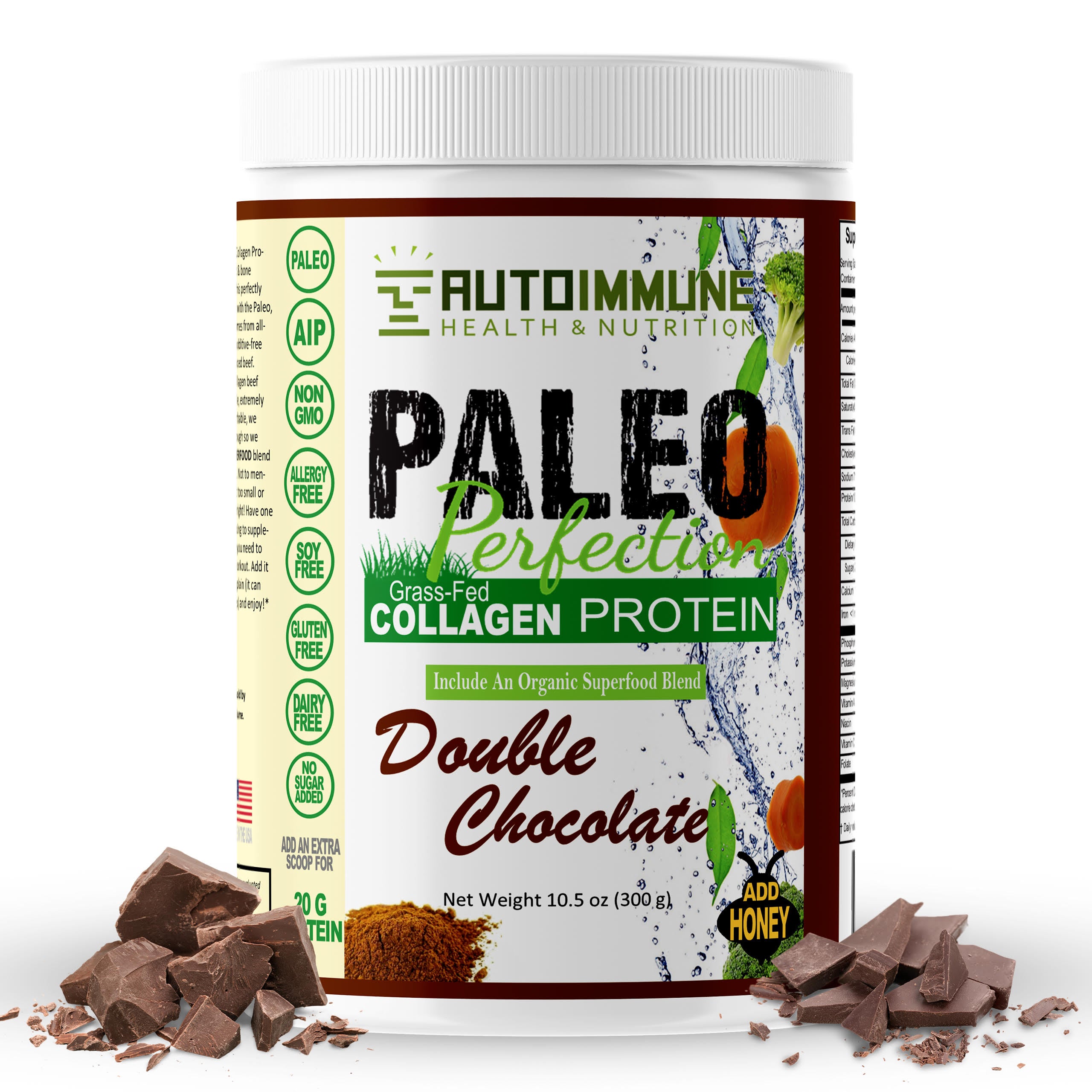 AutoImmune Double Chocolate keto friendly protein powder 16-oz front label.