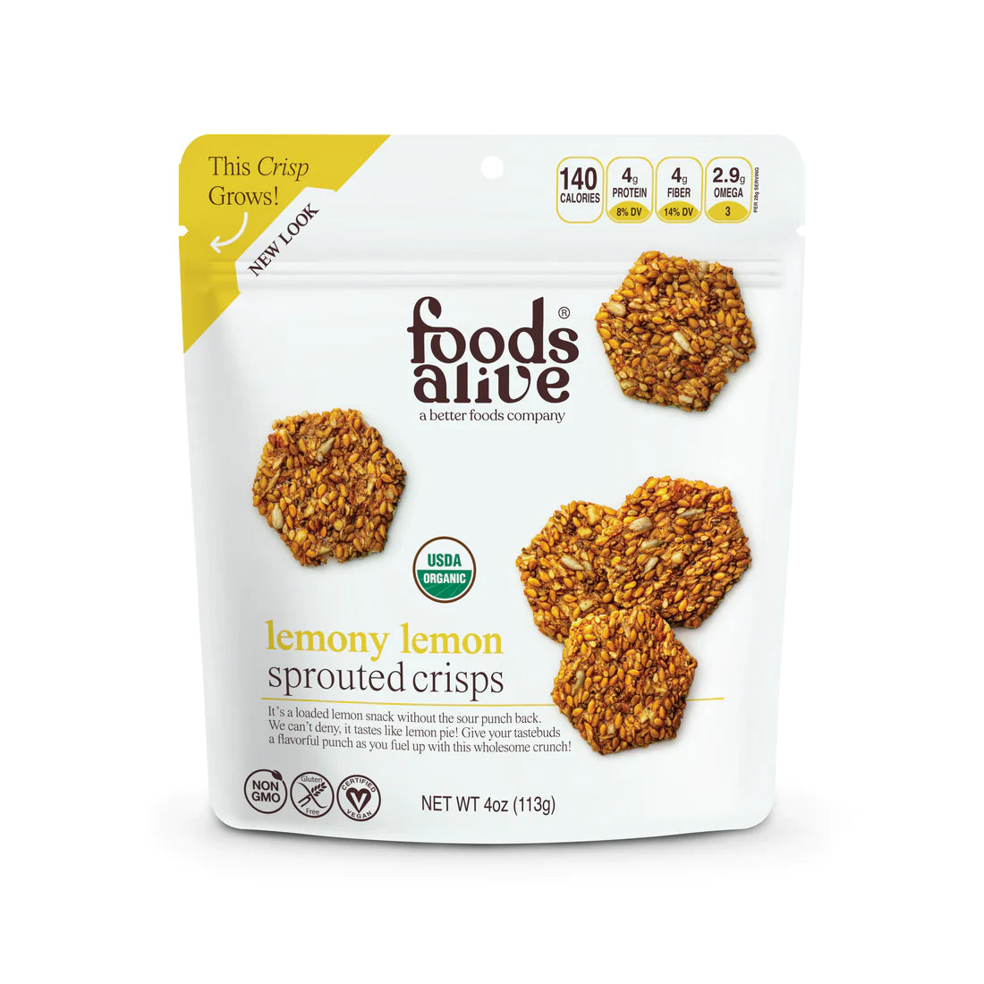 Foods Alive Lemony Lemon Sprouted Crisps 4-oz bag flax seed crackers front.