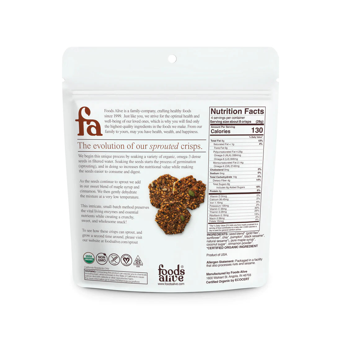 Foods Alive Maple Cinnamon Sprouted Crisps nutrition facts panel.