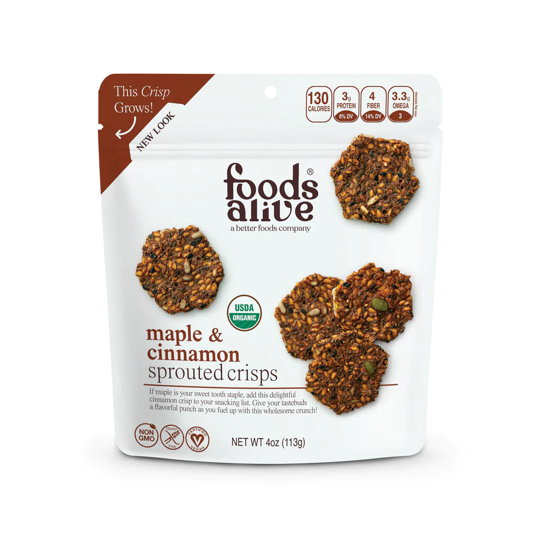 Foods Alive Maple Cinnamon Sprouted Crisps 4-oz bag flax crackers front.